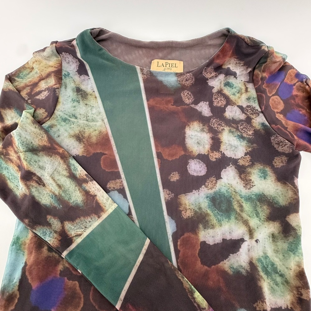 LaPiel by AMB Sheer Mesh Abstract Print Long Sleeve Top Brown Green S/M USA